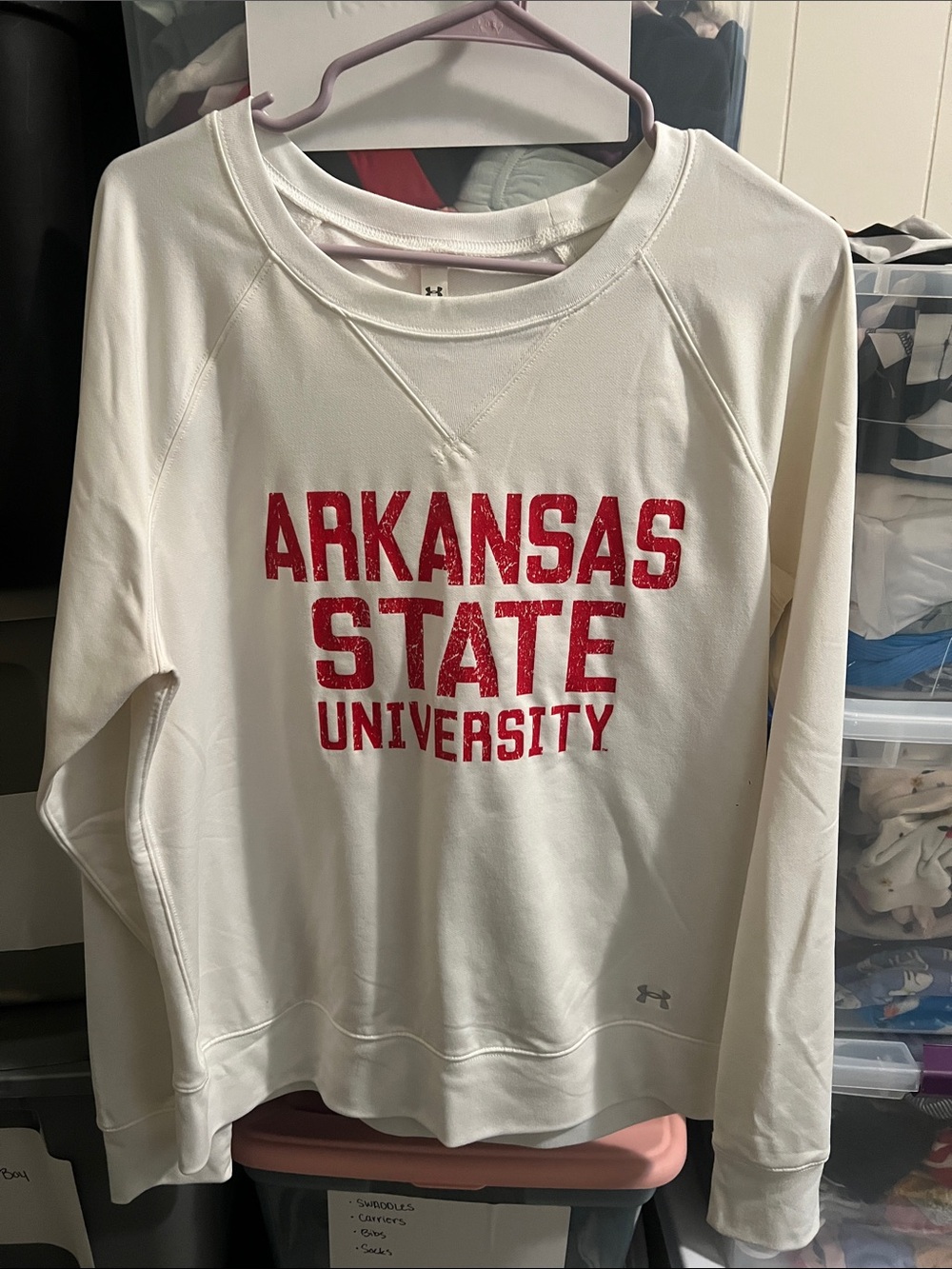 Under Armour White Crewneck with Red Arkansas State University Lettering